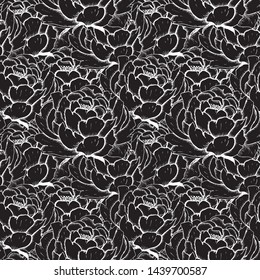 Peony backdrop. Hand drawn seamless pattern with sketch style flower peony. White on black. Monochrome vector background.