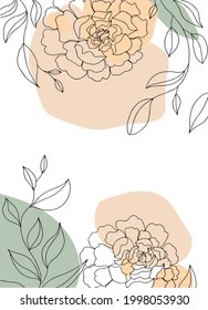  Peony. Beautiful flowers continuous line art with colored spots. Abstract minimal hand drawing sketch. One line art. 