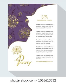 Peony beauty salon. Banner Vector for beauty salon, hotel salon beauty resort and spa. Design with illustration of young girl against a background of peony flowers. Negative space – trend.