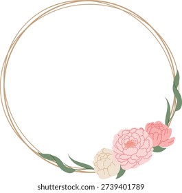 Peony bloom cluster adorns a circular wreath with leaves and clean linework, leaving ample copy space. Symbol of romance, elegance, celebration for wedding or invitation. Cartoon vector illustration.