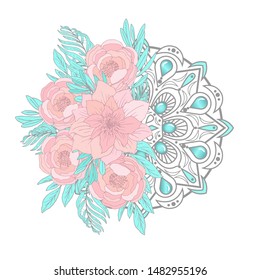 Peony blossom flowers and Mandala with turqouase stones. Vector hand drawn illustration in round, circle pattern, ornament