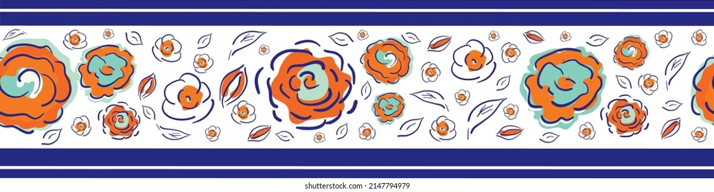 Peony blossom and leaves vector seamless border.Banner with scattered cottage flowers and foliage in stripe style. Line art botanical garden flower cottagecore aesthetic for ribbon, trim, edging