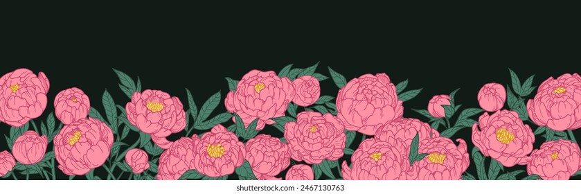 Peony border. Flower blossom, vintage decoration. Floral blooms, horizontal decorative edge, spring decor. Botanical background, banner in retro realistic style. Hand-drawn vector illustration