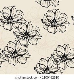 Peony botanical illustration. Vector floral sketch background seamless pattern