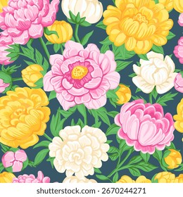 Patrón sin fisuras botánico de la peonía. Flores hermosas, flora de jardín repetida, plantas de verano exuberantes, pétalos suaves, decoración textil, papel de regalo, Fondo de pantalla. Impresión para el fondo espléndido del Vector de la tela