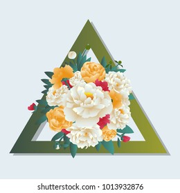 Peony bouquet with green triangle frame,flower vector illustration for invitation,greeting card and presentation