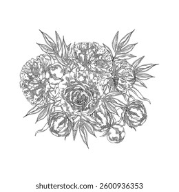 Peony bouquet . Hand-drawn floral collection of festive decor. Black and white vector illustration