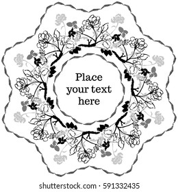 Peony branches vector octagonal composition. Beautiful floral print. Wreath of flowers, foliage. Round vintage frame for your text
