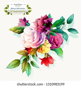 Peony bud flowers on white. Illustration of bouquet with leaves around for fabric, textile and other prints. Abstract, watercolor. Hand drawn. Vector - stock.