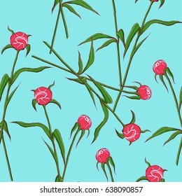 Peony with buds on a blue background. Seamless vector pattern.