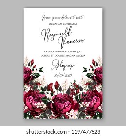 Peony Christmas Party Invitation vector template greenery marsala burgundy dark red Floral background for wedding invitation, bridal shower, baby shower