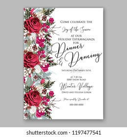 Peony Christmas Party Invitation vector template greenery marsala burgundy dark red Floral background for wedding invitation, bridal shower, baby shower