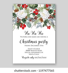 Peony Christmas Party Invitation vector template greenery