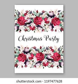 Peony Christmas Party Invitation vector template greenery marsala burgundy dark red Floral background for wedding invitation, bridal shower, baby shower