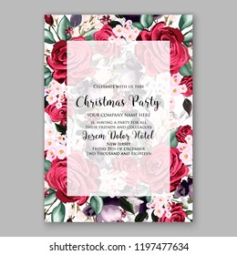 Peony Christmas Party Invitation vector template greenery marsala burgundy dark red Floral background for wedding invitation, bridal shower, baby shower