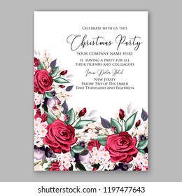 Peony Christmas Party Invitation vector template greenery marsala burgundy dark red Floral background for wedding invitation, bridal shower, baby shower