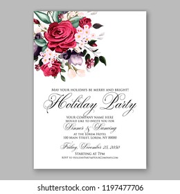 Peony Christmas Party Invitation vector template greenery marsala burgundy dark red Floral background for wedding invitation, bridal shower, baby shower