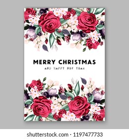 Peony Christmas Party Invitation vector template greenery marsala burgundy dark red Floral background for wedding invitation, bridal shower, baby shower