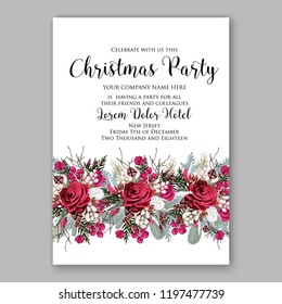 Peony Christmas Party Invitation vector template greenery marsala burgundy dark red Floral background for wedding invitation, bridal shower, baby shower