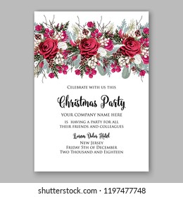 Peony Christmas Party Invitation vector template greenery marsala burgundy dark red Floral background for wedding invitation, bridal shower, baby shower