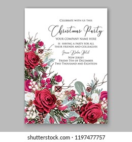 Peony Christmas Party Invitation vector template greenery marsala burgundy dark red Floral background for wedding invitation, bridal shower, baby shower