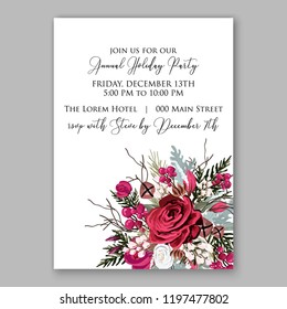 Peony Christmas Party Invitation vector template greenery marsala burgundy dark red Floral background for wedding invitation, bridal shower, baby shower