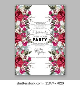 Peony Christmas Party Invitation vector template greenery marsala burgundy dark red Floral background for wedding invitation, bridal shower, baby shower