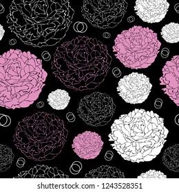 Peony Collection-Flowers in Bloom seamless repeat pattern Background in Black Pink and White