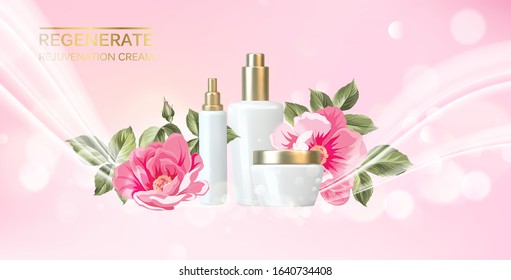 Peony cosmetic label of organic cosmetic and skin care cream. Peonies oil and cream. Moisturizer with Vitamins and Regenerate Cream containes rose essence. Beauty skin care design over pink.