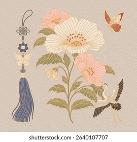 Peony, Crane, Butterfly, and Norigae in Traditional East Asian Illustration Style