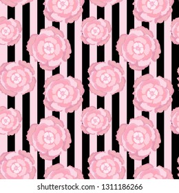 Peony cute vector flat seamless pattern on stripped background isolated 