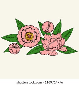 Peony design. hand drawn illustration. Hand drawn floral wedding invitation, label template, anniversary card.