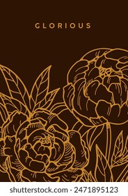 Peony engraving, floral card design. Etched blossom poster. Contoured outlined Japanese flower blooms. Detailed lineart woodcut in detailed vintage retro style. Hand-drawn graphic vector illustration