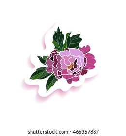 Peony fashion pin badge, brooch, sticker, patch. Peony background. Beautiful decorative element for your festive design. Vector illustration.