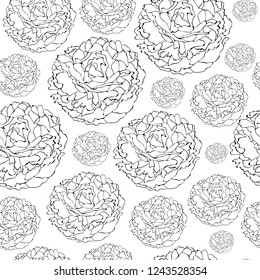 Peony Field-Flowers in Bloom seamless repeat pattern Background in Black and White