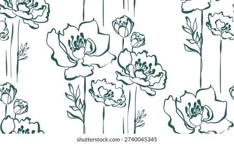 peony floral line art vector seamless pattern Art Nouveau