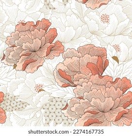 Peony floral nahtloses Muster japanischer Hintergrund mit Aquarellstruktur. Orientales, natürliches Wellenmuster mit floralem Dekorationsbanner-Design im Vintage-Stil. 