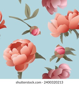 Peony floral Seamless Muster auf blauem Hintergrund. Klassische Vektorhintergründe.