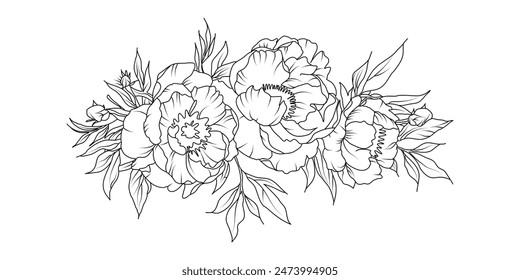 Arreglo de flores de peonía arte de línea sobre fondo blanco. Elemento botánico dibujado a mano de la silueta para la boda, diseño del marco de la invitación, Ilustración vectorial