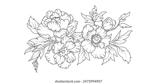 Arreglo de flores de peonía arte de línea sobre fondo blanco. Elemento botánico dibujado a mano de la silueta para la boda, diseño del marco de la invitación, Ilustración vectorial