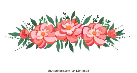 Peony flower arrangement on white background. Template for invite or greeting card, banner, backdrop. Vector illustration.