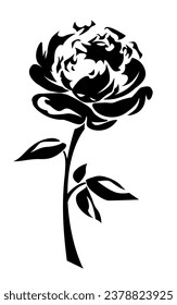 Peony flower. Black silhouette of a peony isolated on a white background. Vector black and white illustration. Handmade illustration, not AI