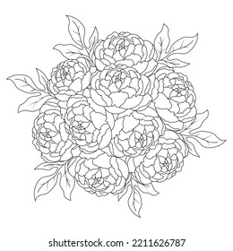 Peony Flower Bouquet Doodle Art Of Flower Coloring Page Outline Vector Graphic Isolated Background. Easy Sketches Pencil Drawing Of Black And White Line Art Design Outline. 