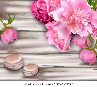 Peony flower bouquet and macaroons on wood background Vector. Spring templates