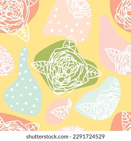 Peony flower bud seamless pattern.Linear blossom white color and free hand spots in pastel pink,blue and green.Yellow background.Print on fabric and paper.Endless wallpaper. Hand drawn illustration.