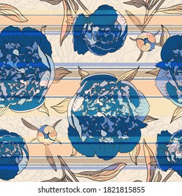Peony flower. Bud of a peony. Seamless vector pattern with flowers, lines and geometry. Hand drawing.