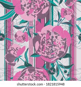 Peony flower. Bud of a peony. Seamless vector pattern with flowers, lines and geometry. Hand drawing.