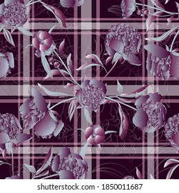 Peony flower. Bud of a peony. Seamless vector pattern with flowers, lines and geometry. Hand drawing.