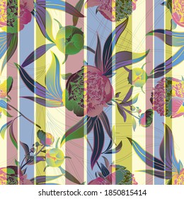 Flor de peones. Bud de una peonía. Patrón vectorial sin fisuras con flores, líneas y geometría. Dibujo manual.