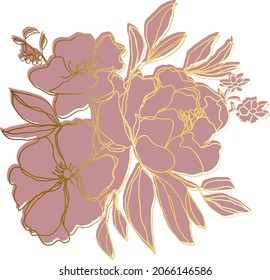 peony flower buds branch with leaves and small flowers isolated vector background